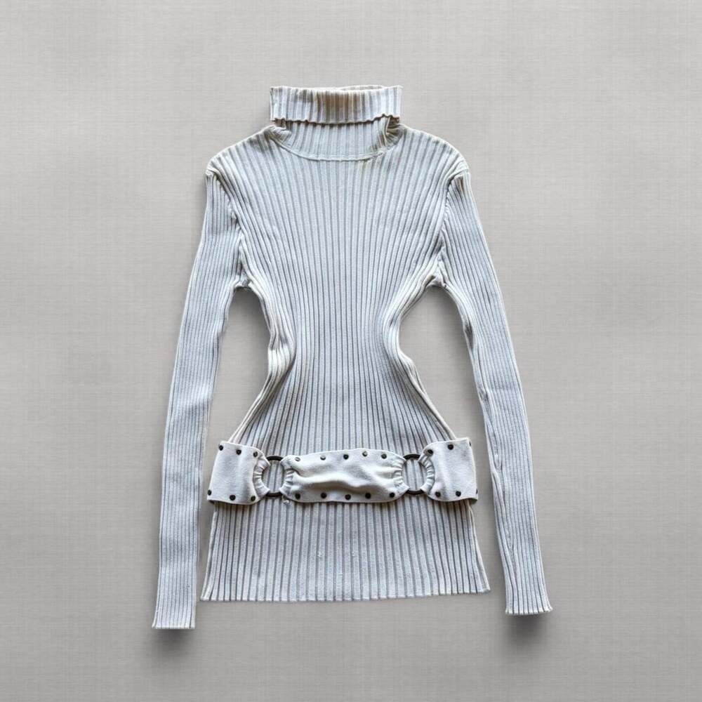 Y2K Tracy M Ribbed Turtleneck Sweater Womens S Cream Studded O Ring Belt Fitted